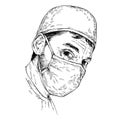 Sketch Surgeon. Doctor wearing medical face mask and cap. COVID-19 coronavirus protection.